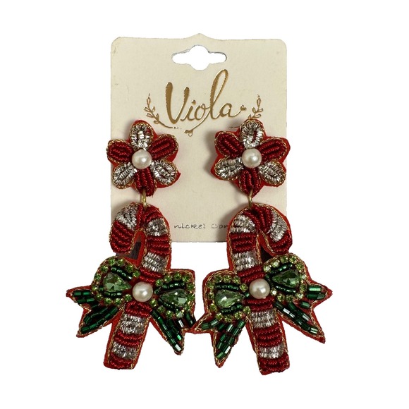Viola Borghi Jewelry - Viola Christmas Candy Cane Earrings Seed Beads Faux Pearls Green Glass Stones